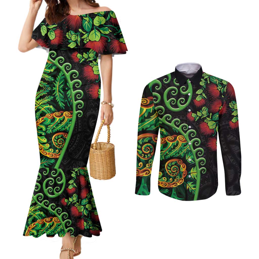 New Zealand Koru Plants and Pohutukawa Couples Matching Mermaid Dress and Long Sleeve Button Shirt Maori Tattoo Pattern LT03 Black - Polynesian Pride