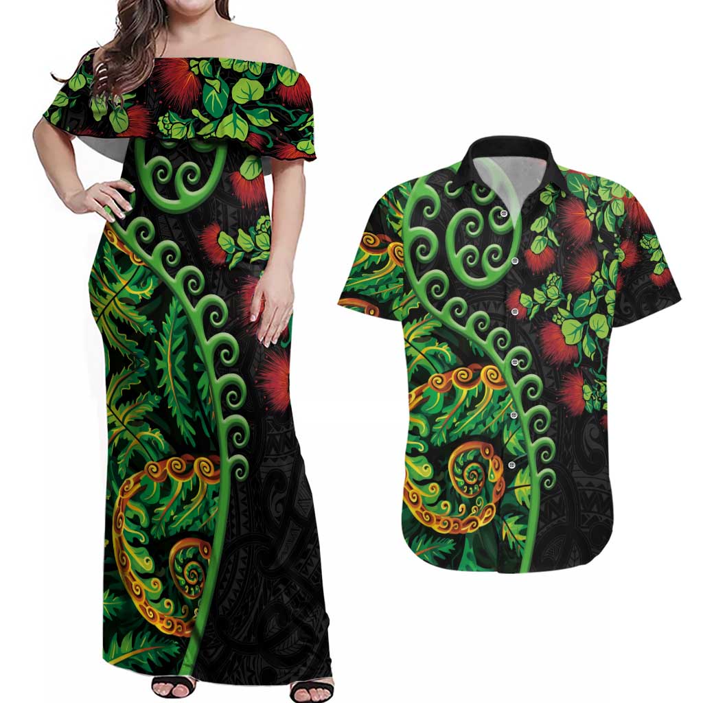 New Zealand Koru Plants and Pohutukawa Couples Matching Off Shoulder Maxi Dress and Hawaiian Shirt Maori Tattoo Pattern LT03 Black - Polynesian Pride