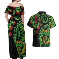 New Zealand Koru Plants and Pohutukawa Couples Matching Off Shoulder Maxi Dress and Hawaiian Shirt Maori Tattoo Pattern LT03 - Polynesian Pride