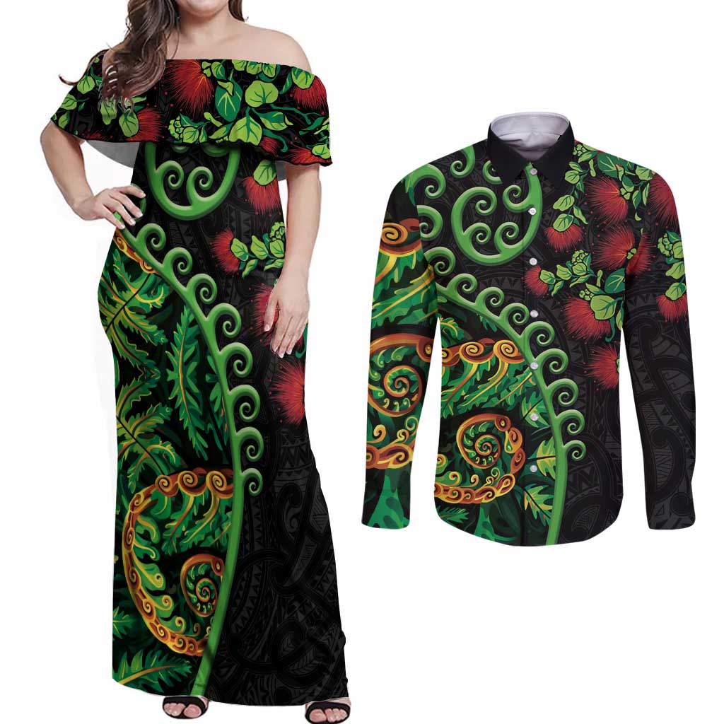 New Zealand Koru Plants and Pohutukawa Couples Matching Off Shoulder Maxi Dress and Long Sleeve Button Shirt Maori Tattoo Pattern LT03 Black - Polynesian Pride