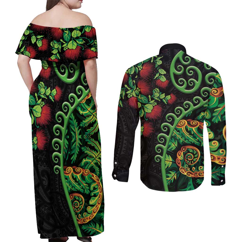 New Zealand Koru Plants and Pohutukawa Couples Matching Off Shoulder Maxi Dress and Long Sleeve Button Shirt Maori Tattoo Pattern LT03 - Polynesian Pride