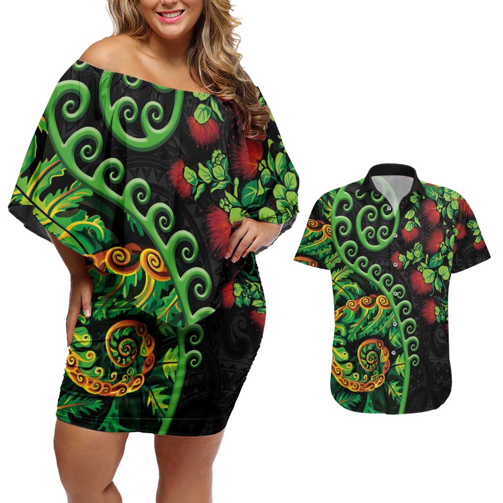 New Zealand Koru Plants and Pohutukawa Couples Matching Off Shoulder Short Dress and Hawaiian Shirt Maori Tattoo Pattern LT03 Black - Polynesian Pride