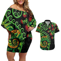 New Zealand Koru Plants and Pohutukawa Couples Matching Off Shoulder Short Dress and Hawaiian Shirt Maori Tattoo Pattern LT03 Black - Polynesian Pride