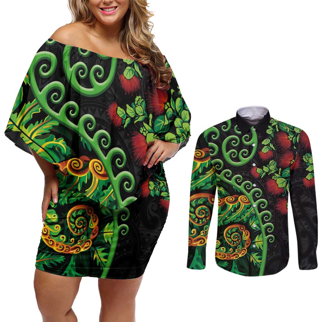 New Zealand Koru Plants and Pohutukawa Couples Matching Off Shoulder Short Dress and Long Sleeve Button Shirt Maori Tattoo Pattern LT03 Black - Polynesian Pride