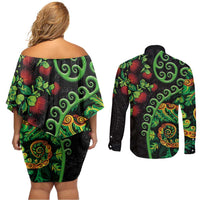 New Zealand Koru Plants and Pohutukawa Couples Matching Off Shoulder Short Dress and Long Sleeve Button Shirt Maori Tattoo Pattern LT03 - Polynesian Pride