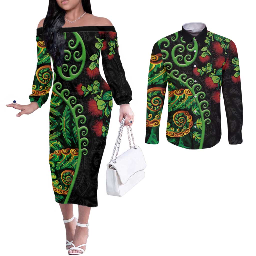 New Zealand Koru Plants and Pohutukawa Couples Matching Off The Shoulder Long Sleeve Dress and Long Sleeve Button Shirt Maori Tattoo Pattern LT03 Black - Polynesian Pride