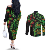 New Zealand Koru Plants and Pohutukawa Couples Matching Off The Shoulder Long Sleeve Dress and Long Sleeve Button Shirt Maori Tattoo Pattern LT03 - Polynesian Pride