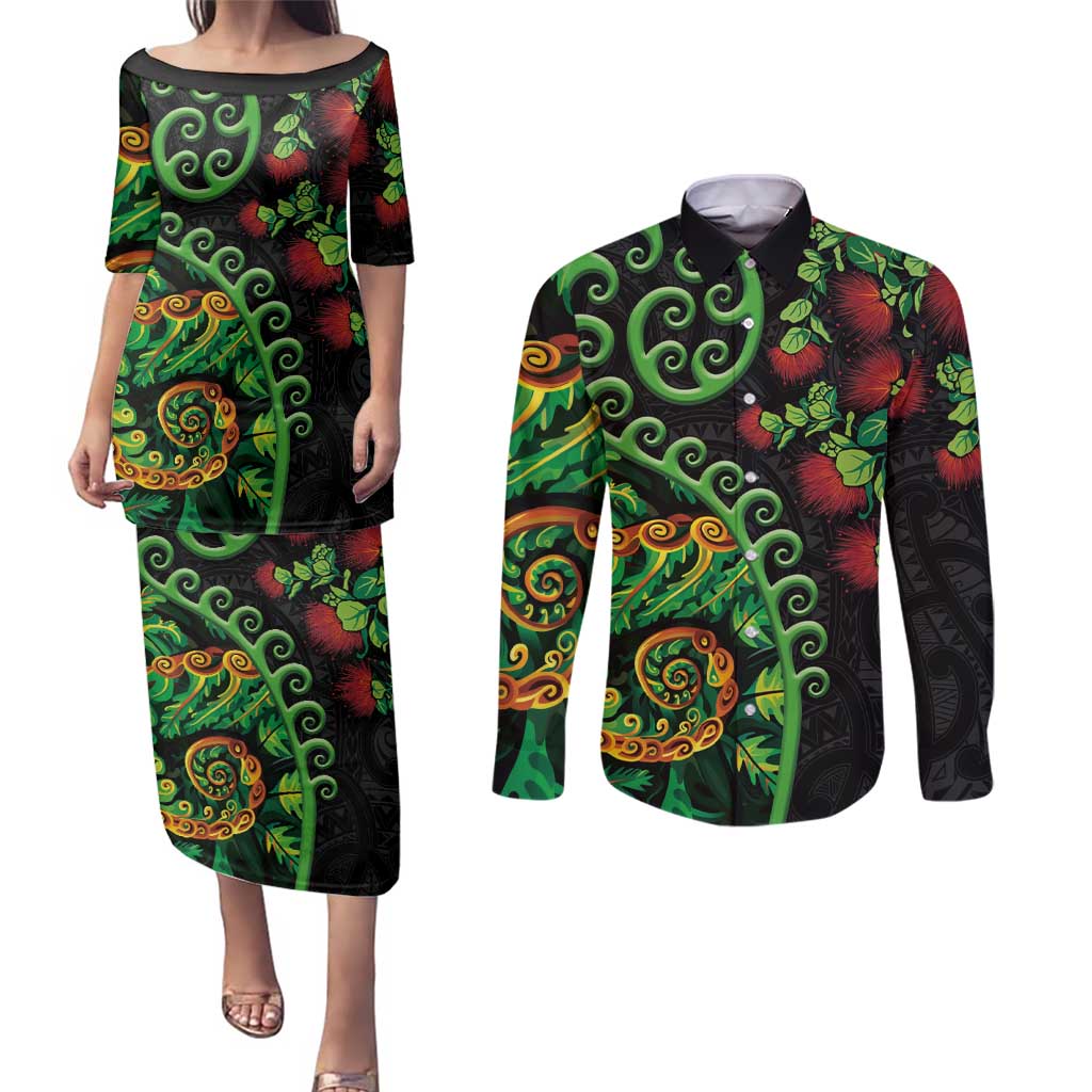 New Zealand Koru Plants and Pohutukawa Couples Matching Puletasi and Long Sleeve Button Shirt Maori Tattoo Pattern LT03 Black - Polynesian Pride