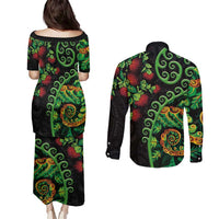 New Zealand Koru Plants and Pohutukawa Couples Matching Puletasi and Long Sleeve Button Shirt Maori Tattoo Pattern LT03 - Polynesian Pride