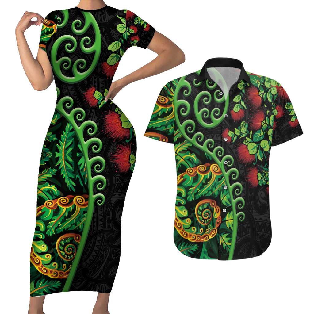 New Zealand Koru Plants and Pohutukawa Couples Matching Short Sleeve Bodycon Dress and Hawaiian Shirt Maori Tattoo Pattern LT03 Black - Polynesian Pride