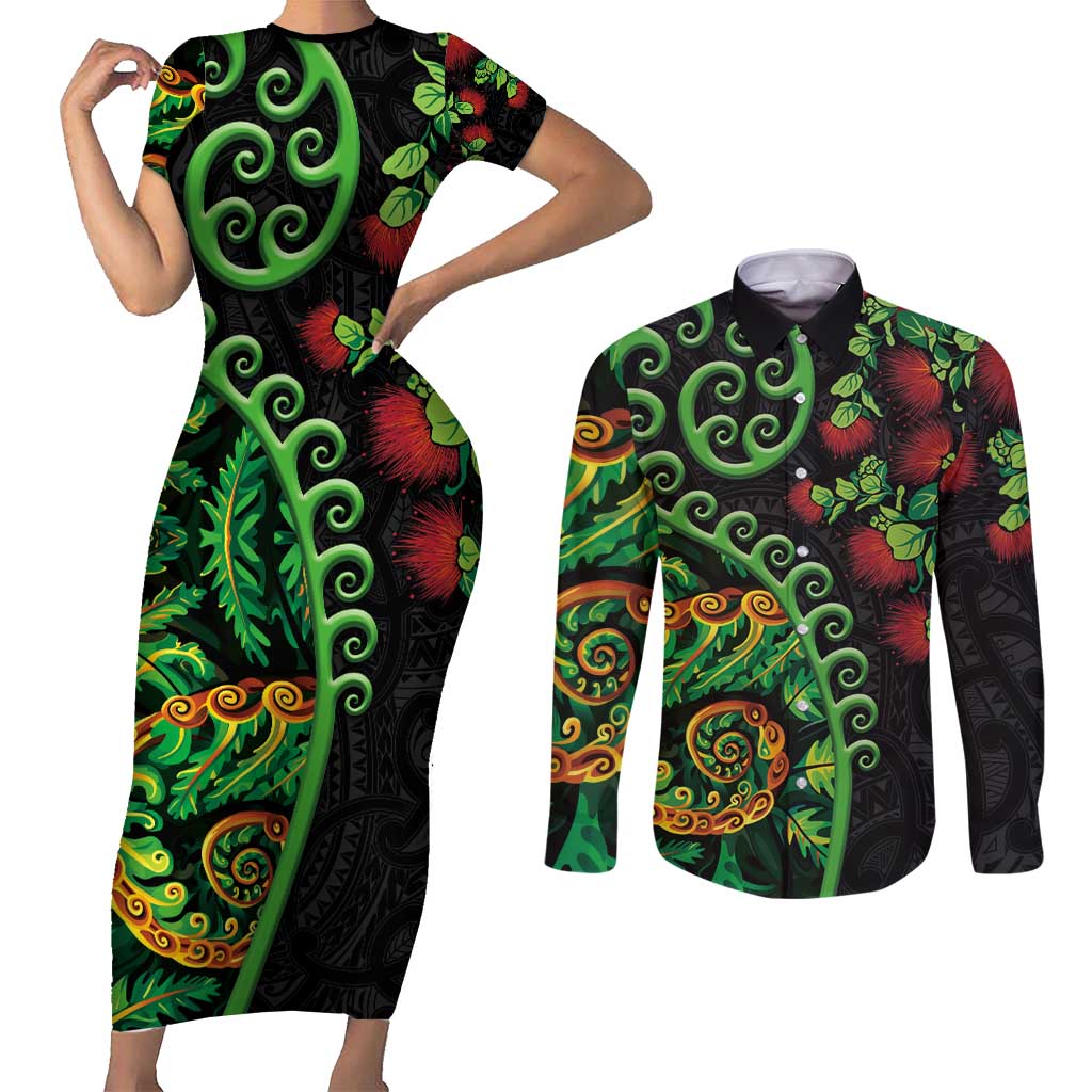New Zealand Koru Plants and Pohutukawa Couples Matching Short Sleeve Bodycon Dress and Long Sleeve Button Shirt Maori Tattoo Pattern LT03 Black - Polynesian Pride