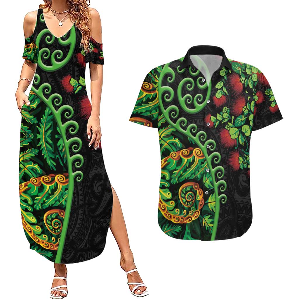 New Zealand Koru Plants and Pohutukawa Couples Matching Summer Maxi Dress and Hawaiian Shirt Maori Tattoo Pattern LT03 Black - Polynesian Pride