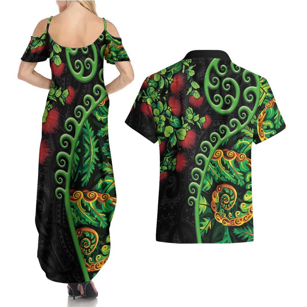 New Zealand Koru Plants and Pohutukawa Couples Matching Summer Maxi Dress and Hawaiian Shirt Maori Tattoo Pattern LT03 - Polynesian Pride