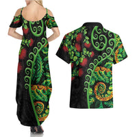 New Zealand Koru Plants and Pohutukawa Couples Matching Summer Maxi Dress and Hawaiian Shirt Maori Tattoo Pattern LT03 - Polynesian Pride