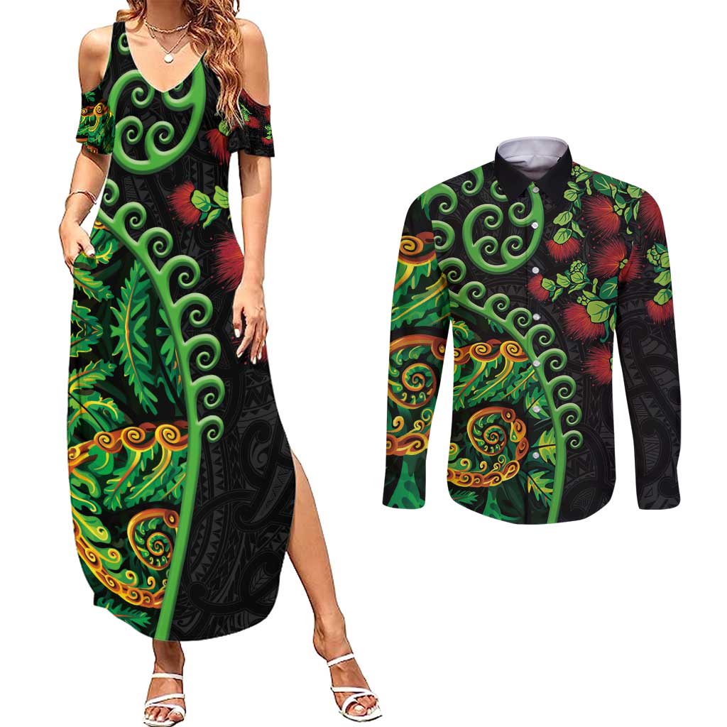 New Zealand Koru Plants and Pohutukawa Couples Matching Summer Maxi Dress and Long Sleeve Button Shirt Maori Tattoo Pattern LT03 Black - Polynesian Pride