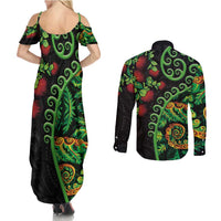 New Zealand Koru Plants and Pohutukawa Couples Matching Summer Maxi Dress and Long Sleeve Button Shirt Maori Tattoo Pattern LT03 - Polynesian Pride