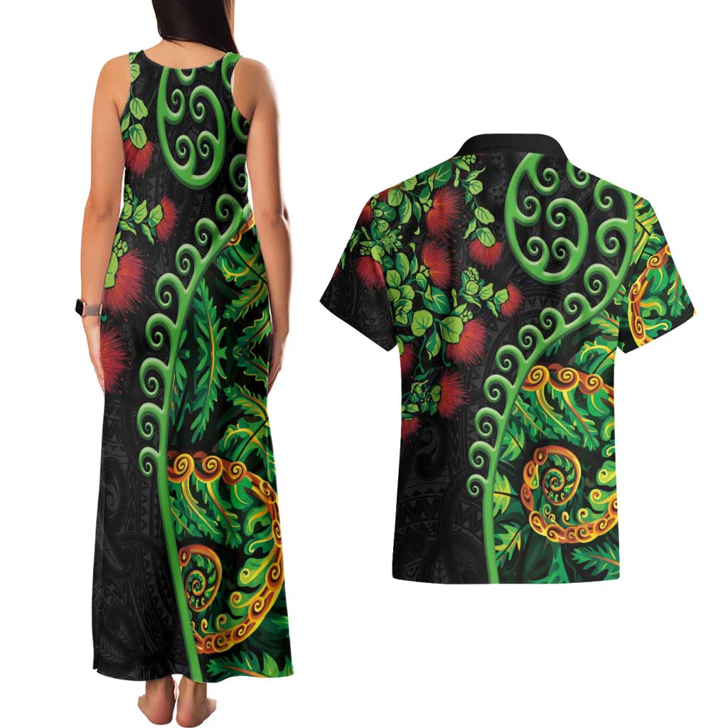 New Zealand Koru Plants and Pohutukawa Couples Matching Tank Maxi Dress and Hawaiian Shirt Maori Tattoo Pattern LT03 - Polynesian Pride