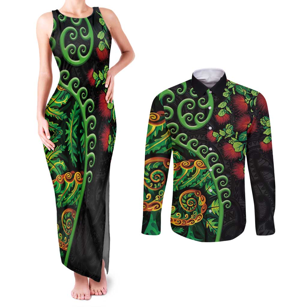 New Zealand Koru Plants and Pohutukawa Couples Matching Tank Maxi Dress and Long Sleeve Button Shirt Maori Tattoo Pattern LT03 Black - Polynesian Pride
