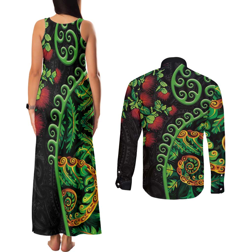 New Zealand Koru Plants and Pohutukawa Couples Matching Tank Maxi Dress and Long Sleeve Button Shirt Maori Tattoo Pattern LT03 - Polynesian Pride