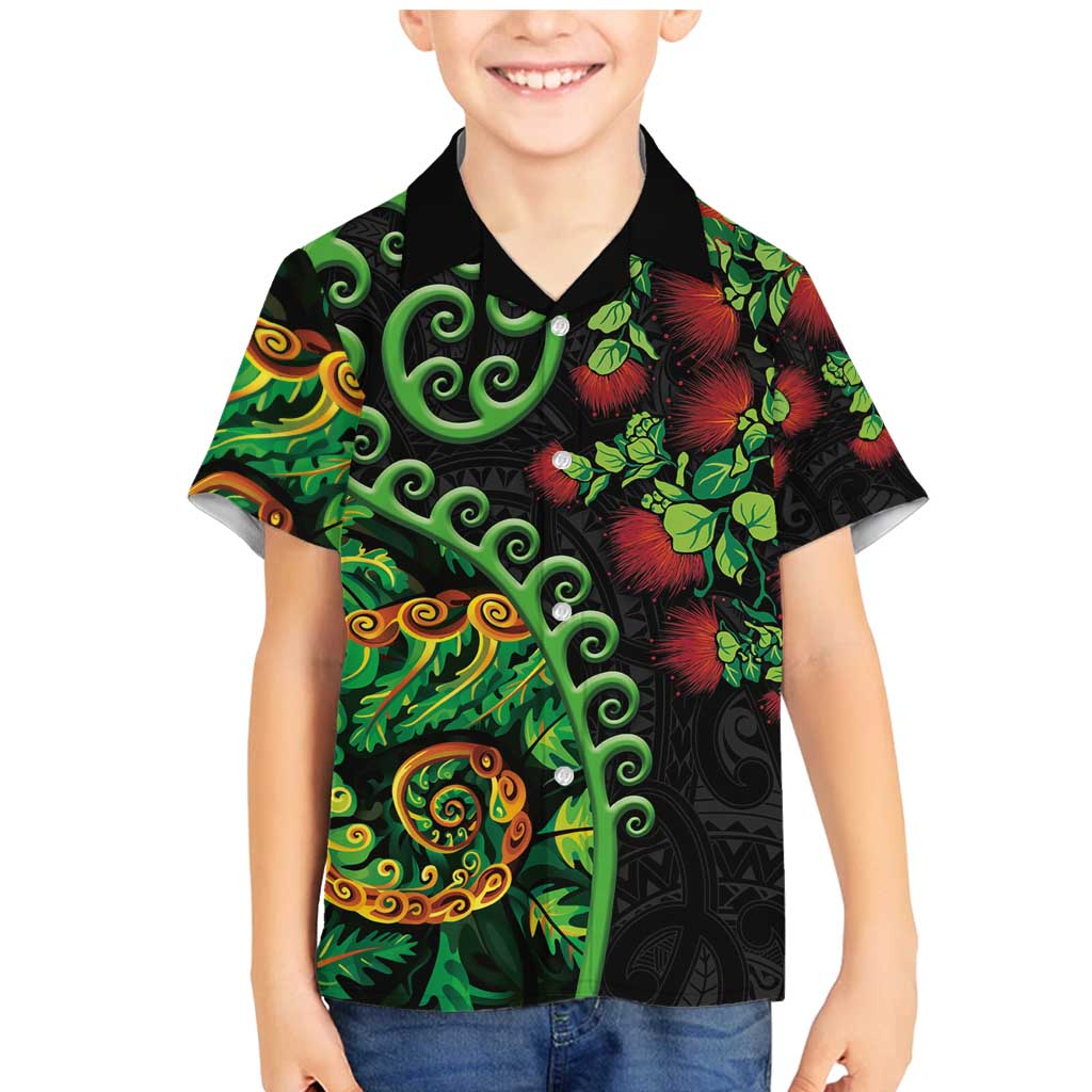 New Zealand Koru Plants and Pohutukawa Family Matching Mermaid Dress and Hawaiian Shirt Maori Tattoo Pattern LT03 Son's Shirt Black - Polynesian Pride