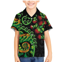New Zealand Koru Plants and Pohutukawa Family Matching Mermaid Dress and Hawaiian Shirt Maori Tattoo Pattern LT03 Son's Shirt Black - Polynesian Pride