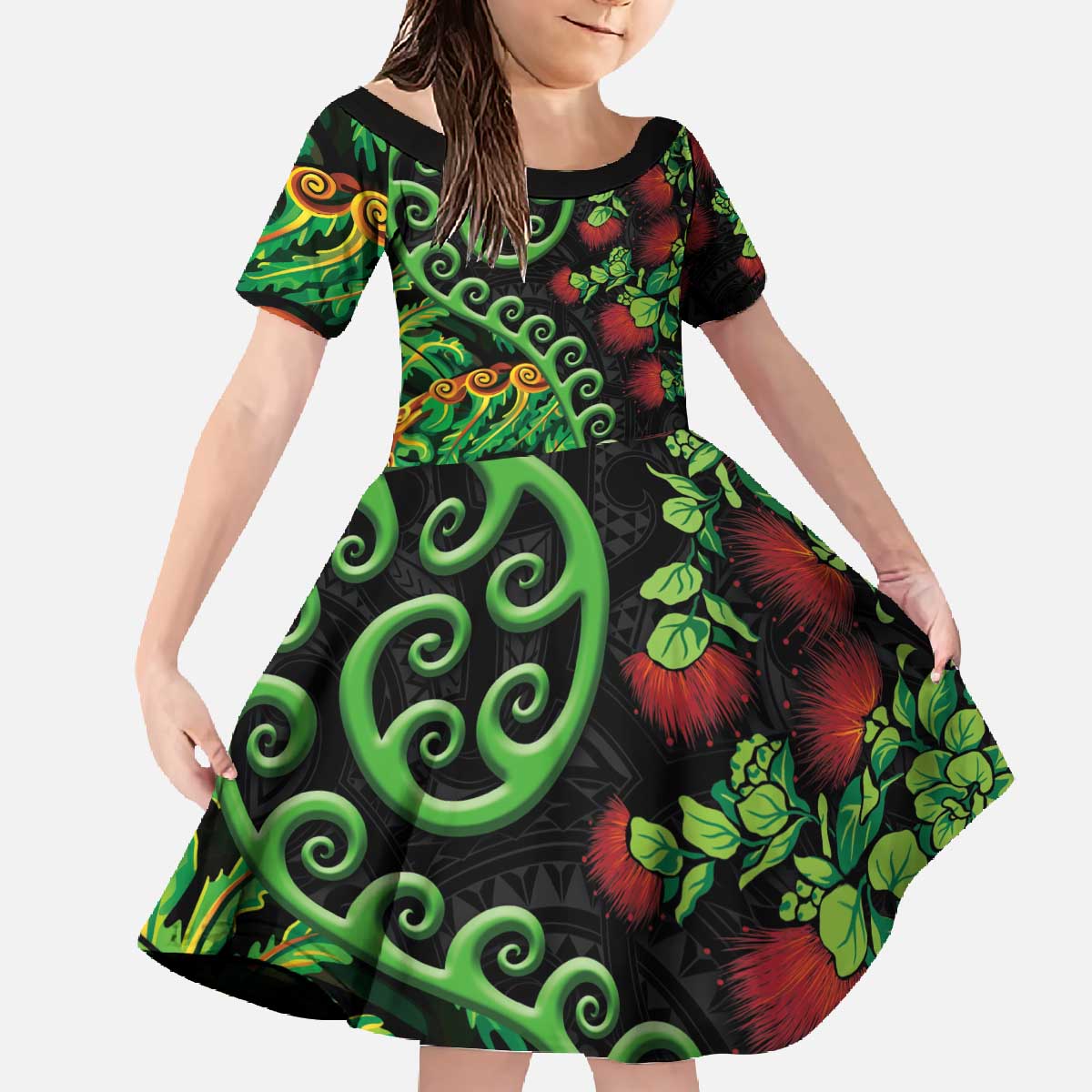 New Zealand Koru Plants and Pohutukawa Family Matching Off The Shoulder Long Sleeve Dress and Hawaiian Shirt Maori Tattoo Pattern LT03 Daughter's Dress Black - Polynesian Pride