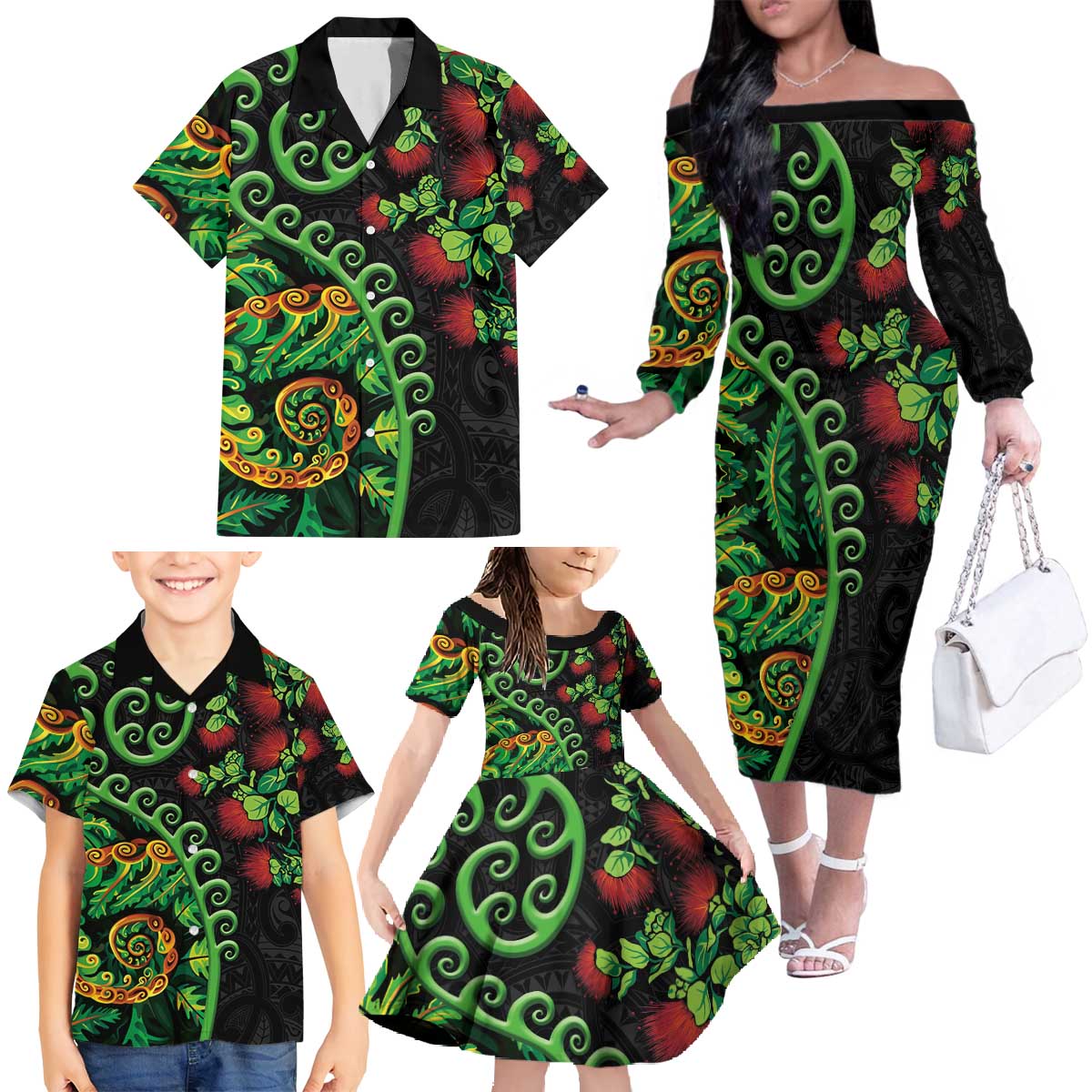 New Zealand Koru Plants and Pohutukawa Family Matching Off The Shoulder Long Sleeve Dress and Hawaiian Shirt Maori Tattoo Pattern LT03 - Polynesian Pride