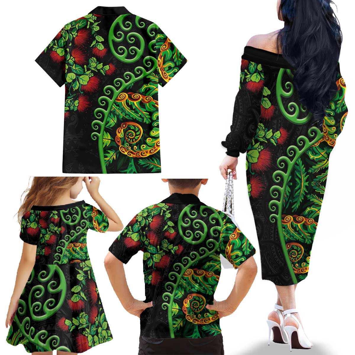 New Zealand Koru Plants and Pohutukawa Family Matching Off The Shoulder Long Sleeve Dress and Hawaiian Shirt Maori Tattoo Pattern LT03 - Polynesian Pride