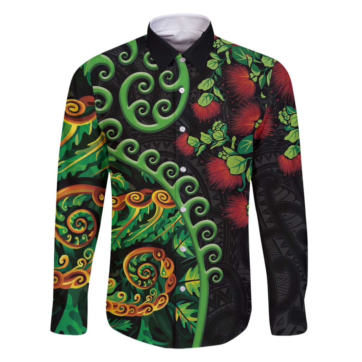 New Zealand Koru Plants and Pohutukawa Family Matching Off The Shoulder Long Sleeve Dress and Hawaiian Shirt Maori Tattoo Pattern LT03 Dad's Shirt - Long Sleeve Black - Polynesian Pride