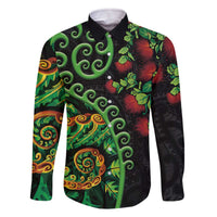 New Zealand Koru Plants and Pohutukawa Family Matching Off The Shoulder Long Sleeve Dress and Hawaiian Shirt Maori Tattoo Pattern LT03 Dad's Shirt - Long Sleeve Black - Polynesian Pride