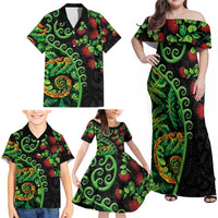 New Zealand Koru Plants and Pohutukawa Family Matching Off Shoulder Maxi Dress and Hawaiian Shirt Maori Tattoo Pattern LT03 - Polynesian Pride