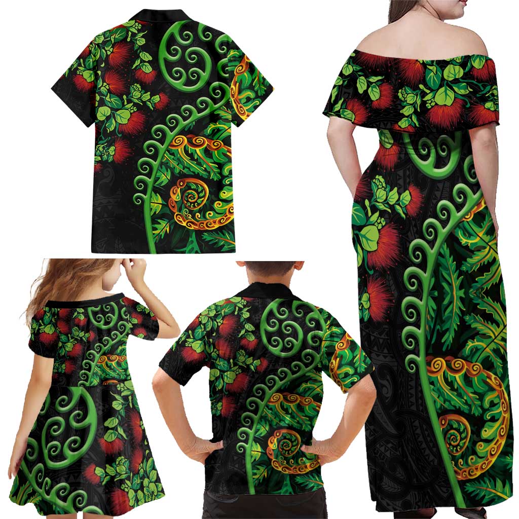 New Zealand Koru Plants and Pohutukawa Family Matching Off Shoulder Maxi Dress and Hawaiian Shirt Maori Tattoo Pattern LT03 - Polynesian Pride
