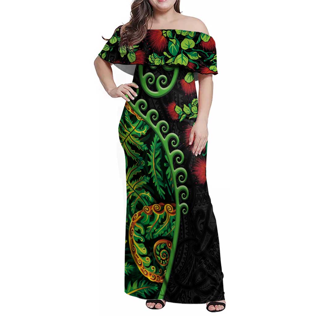 New Zealand Koru Plants and Pohutukawa Family Matching Off Shoulder Maxi Dress and Hawaiian Shirt Maori Tattoo Pattern LT03 Mom's Dress Black - Polynesian Pride