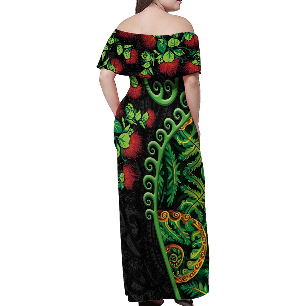 New Zealand Koru Plants and Pohutukawa Family Matching Off Shoulder Maxi Dress and Hawaiian Shirt Maori Tattoo Pattern LT03 - Polynesian Pride