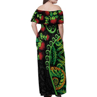 New Zealand Koru Plants and Pohutukawa Family Matching Off Shoulder Maxi Dress and Hawaiian Shirt Maori Tattoo Pattern LT03 - Polynesian Pride