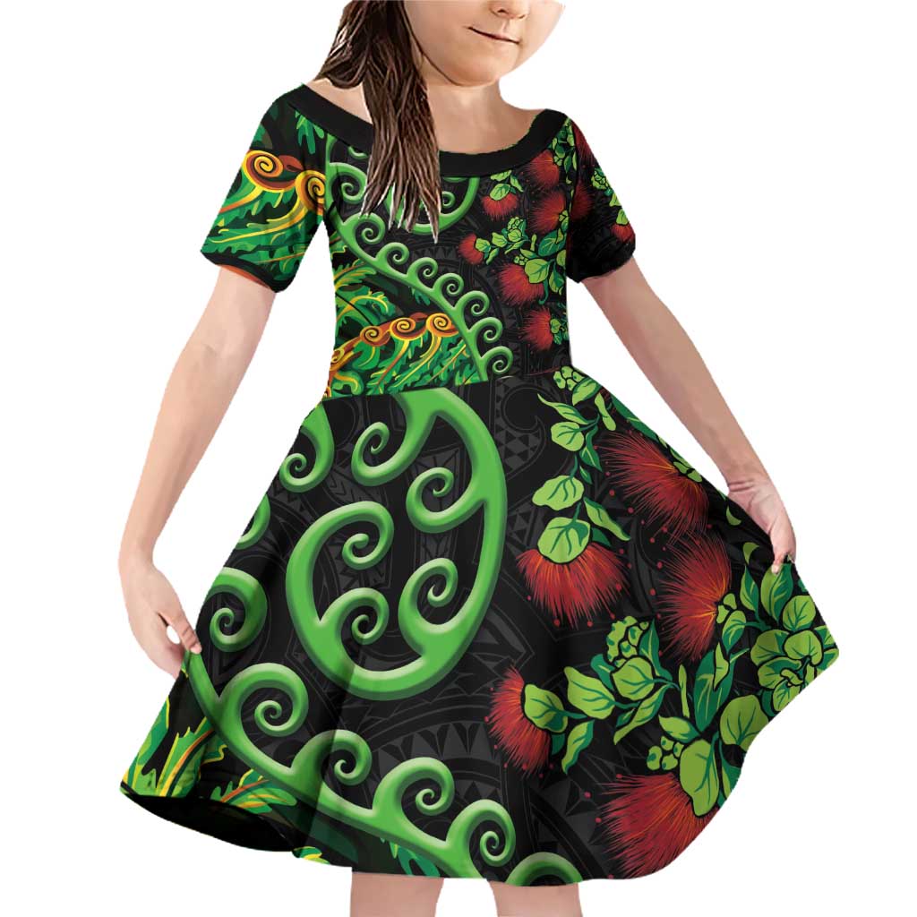 New Zealand Koru Plants and Pohutukawa Family Matching Off Shoulder Short Dress and Hawaiian Shirt Maori Tattoo Pattern LT03 Daughter's Dress Black - Polynesian Pride