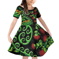 New Zealand Koru Plants and Pohutukawa Family Matching Off Shoulder Short Dress and Hawaiian Shirt Maori Tattoo Pattern LT03 Daughter's Dress Black - Polynesian Pride