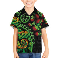 New Zealand Koru Plants and Pohutukawa Family Matching Off Shoulder Short Dress and Hawaiian Shirt Maori Tattoo Pattern LT03 Son's Shirt Black - Polynesian Pride