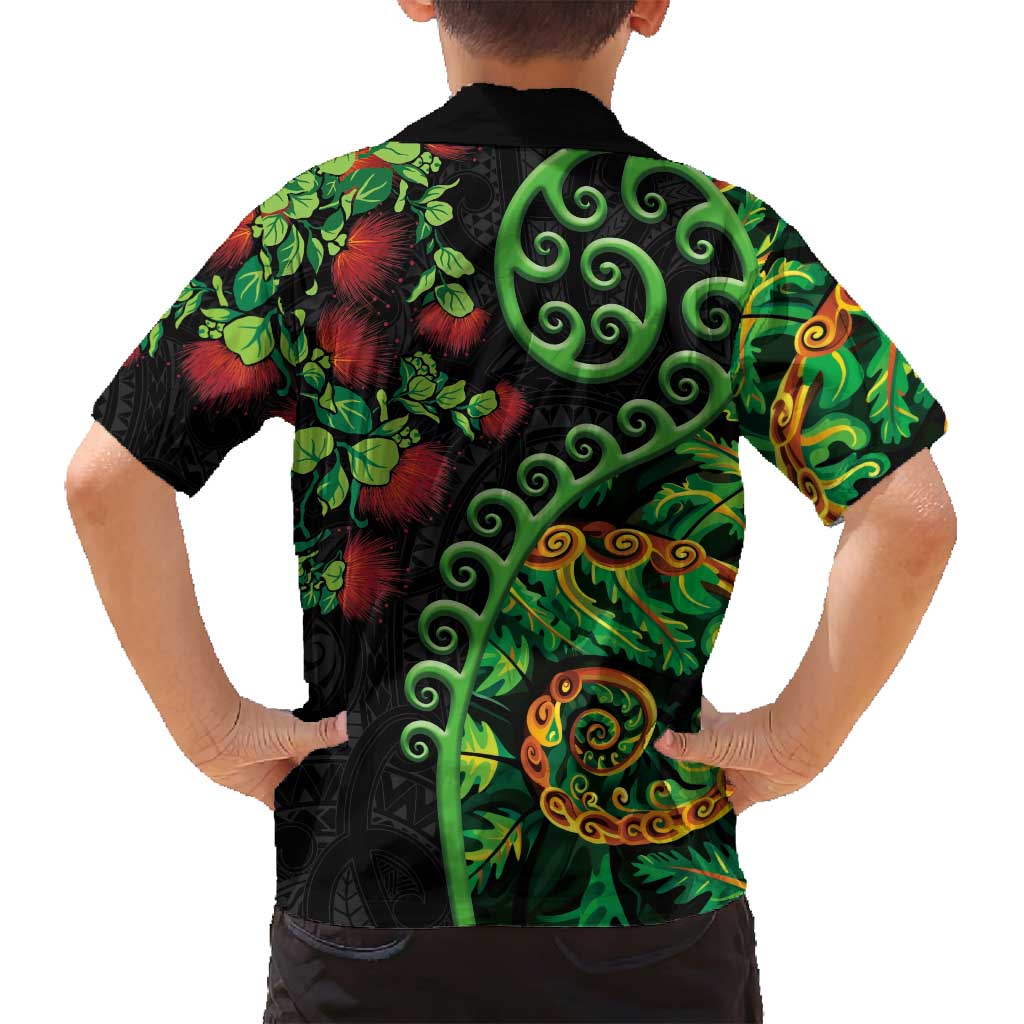 New Zealand Koru Plants and Pohutukawa Family Matching Puletasi and Hawaiian Shirt Maori Tattoo Pattern LT03 - Polynesian Pride
