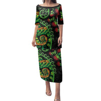 New Zealand Koru Plants and Pohutukawa Family Matching Puletasi and Hawaiian Shirt Maori Tattoo Pattern LT03 Mom's Dress Black - Polynesian Pride