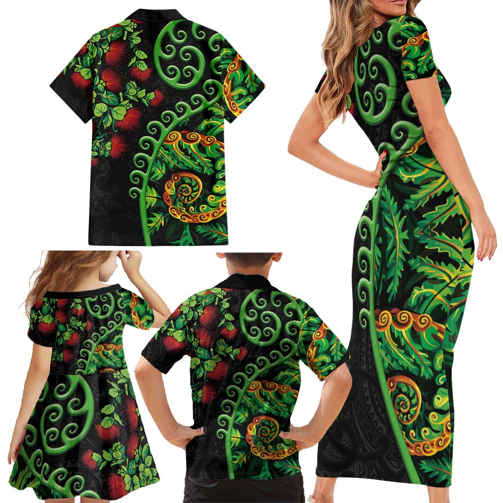 New Zealand Koru Plants and Pohutukawa Family Matching Short Sleeve Bodycon Dress and Hawaiian Shirt Maori Tattoo Pattern LT03 - Polynesian Pride