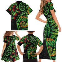 New Zealand Koru Plants and Pohutukawa Family Matching Short Sleeve Bodycon Dress and Hawaiian Shirt Maori Tattoo Pattern LT03 - Polynesian Pride
