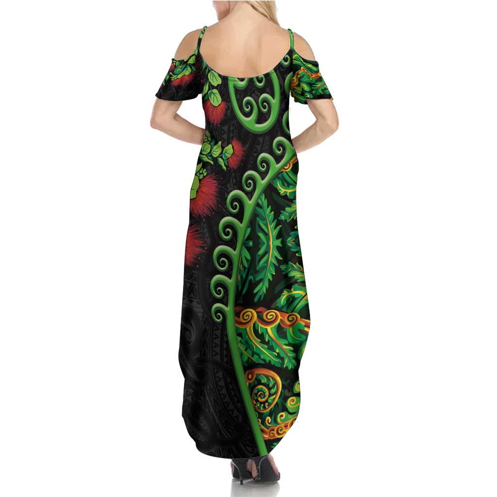 New Zealand Koru Plants and Pohutukawa Family Matching Summer Maxi Dress and Hawaiian Shirt Maori Tattoo Pattern LT03 - Polynesian Pride