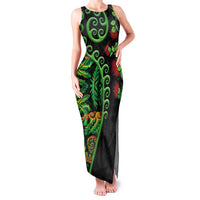 New Zealand Koru Plants and Pohutukawa Family Matching Tank Maxi Dress and Hawaiian Shirt Maori Tattoo Pattern LT03 Mom's Dress Black - Polynesian Pride