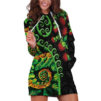 New Zealand Koru Plants and Pohutukawa Hoodie Dress Maori Tattoo Pattern LT03 Black - Polynesian Pride