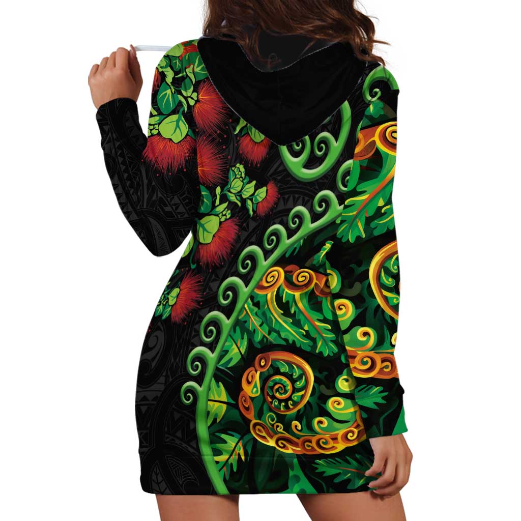New Zealand Koru Plants and Pohutukawa Hoodie Dress Maori Tattoo Pattern LT03 - Polynesian Pride