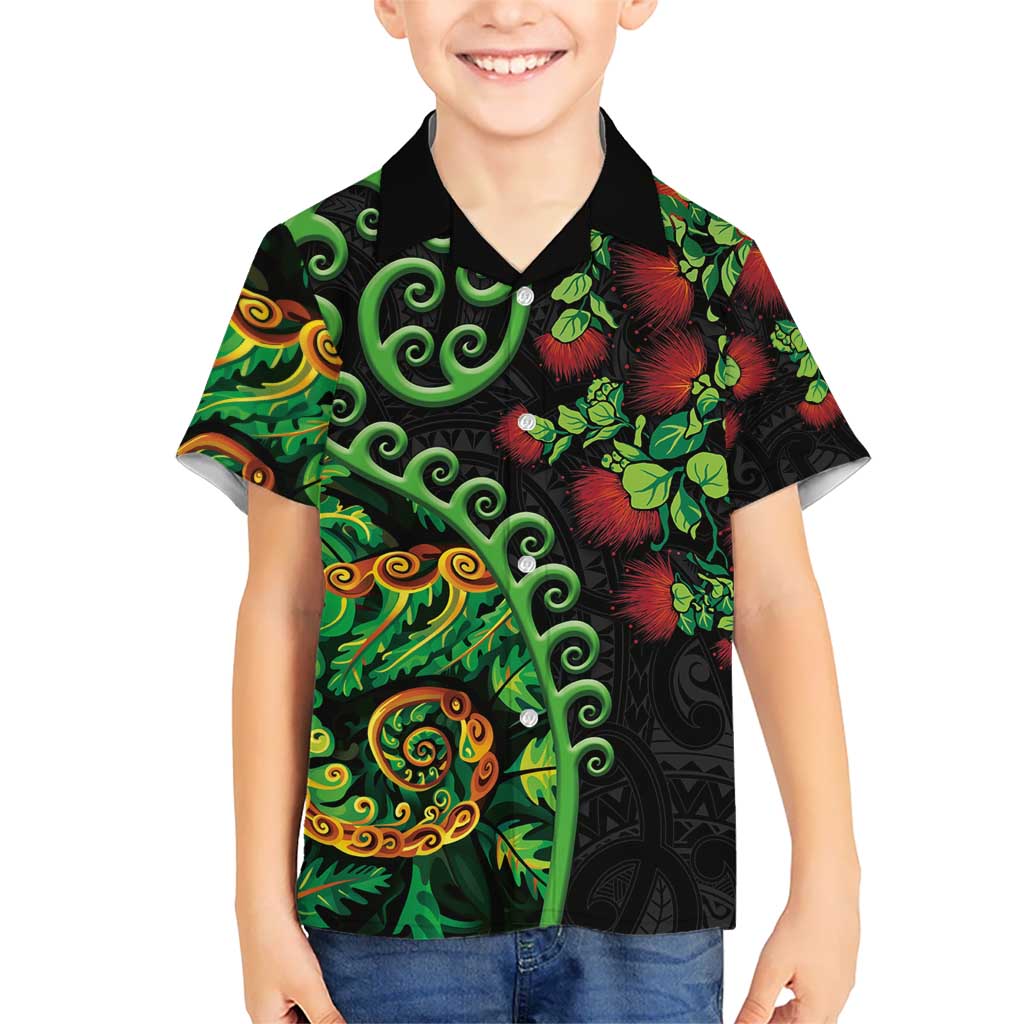 New Zealand Koru Plants and Pohutukawa Kid Hawaiian Shirt Maori Tattoo Pattern LT03 Kid Black - Polynesian Pride