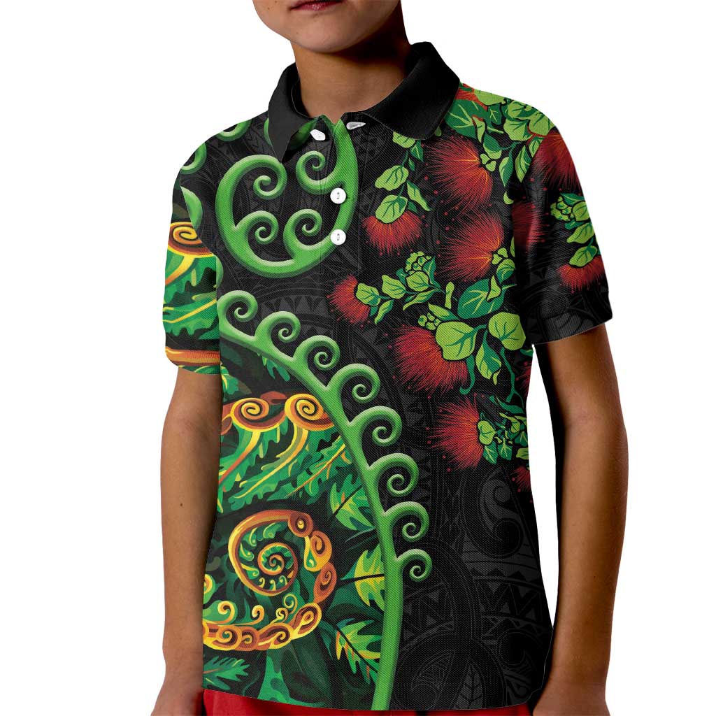 New Zealand Koru Plants and Pohutukawa Kid Polo Shirt Maori Tattoo Pattern LT03 Kid Black - Polynesian Pride