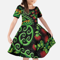 New Zealand Koru Plants and Pohutukawa Kid Short Sleeve Dress Maori Tattoo Pattern LT03 KID Black - Polynesian Pride