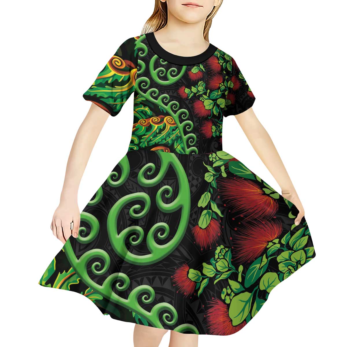 New Zealand Koru Plants and Pohutukawa Kid Short Sleeve Dress Maori Tattoo Pattern LT03 - Polynesian Pride